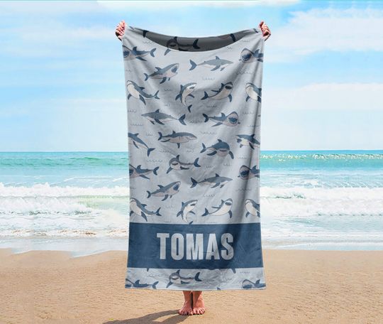 Discover Shark pattern Large Personalized Beach Towel Personalized Name Bath Towel