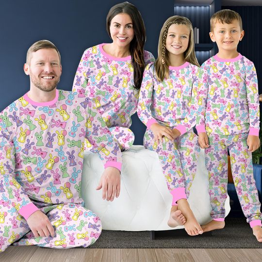 Discover Cute Easter Pajamas Set, Retro Bunny Easter Long Sleeve Two Piece Pajama, Family Pastel Easter Gift Loungewear Set