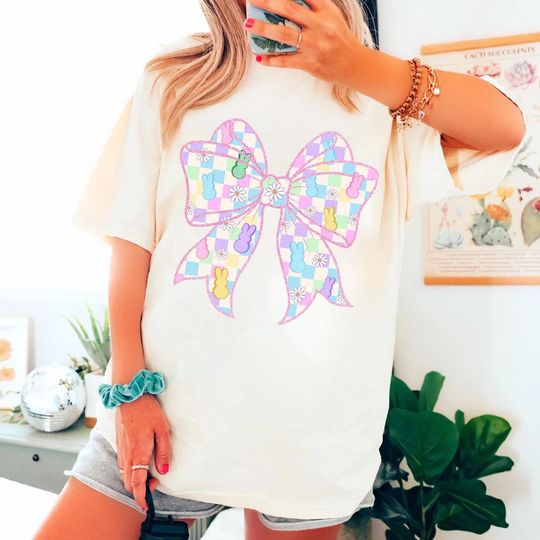 Discover Easter Coquette Bow Shirt, Checkerboard pastel bow Shirt, Easter Shirt