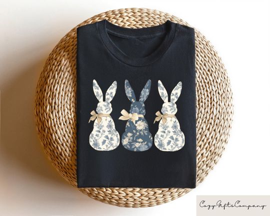 Discover Floral Blue Bunny T-shirt, Cute Easter Coquette Bow Shirt, Trendy Bunny Shirt