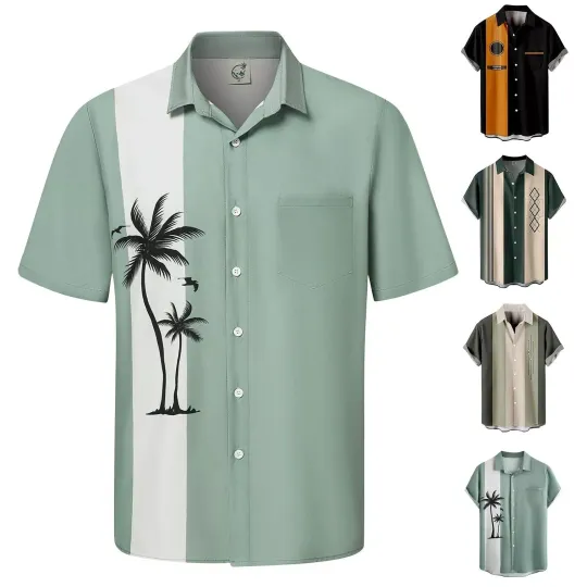 Discover Bowling Men's Bowling Shirt Short Sleeve Button Down Hawaiian Summer Beach Casual Shirts