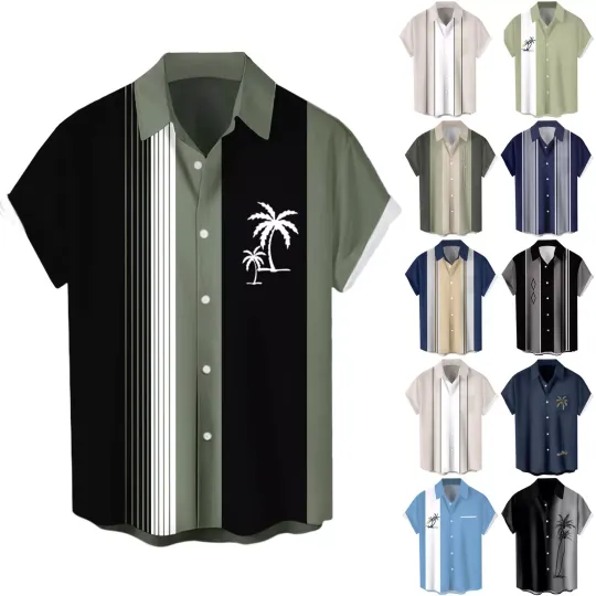 Discover Bowling Mens Hawaiian Shirt Vintage Button Down Bowling Tops Short Sleeve Beach Shirts