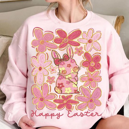 Discover Happy Easter Bunny Sweatshirt, Boho Easter Sweatshirt, Glitter Easter Coquette Sweatshirt