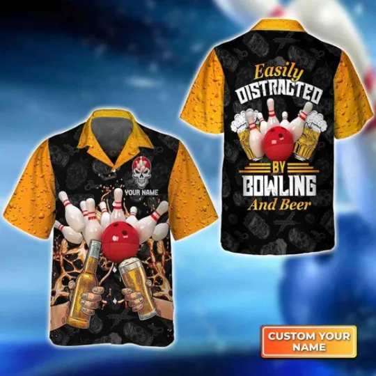 Discover Easily Distracted By Bowling And Beer Personalized Name Hawaiian Shirt