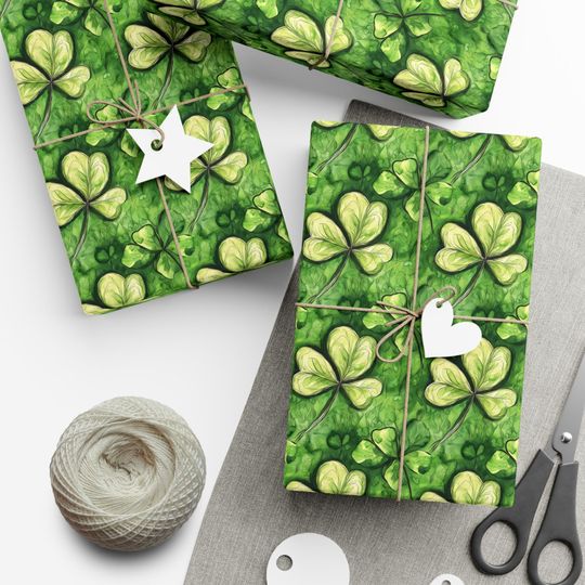 Discover Green Clover Wrapping Paper Lucky Shamrock Gift Wrap St Patricks Day Party Paper Floral Gift Wrap Nature Inspired Paper