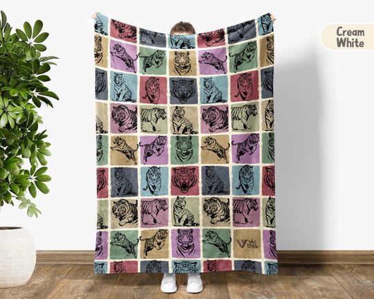 Discover Vintage Tiger Gift Blanket, Tiger Lover Throw, Retro Animal Fleece Blanket, Cozy Tiger Graphic Blanket