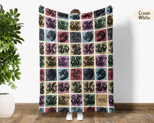 Discover Dragon Gift Blanket, Vintage Dragon Lover Blanket, Retro Fantasy Fleece Blanket