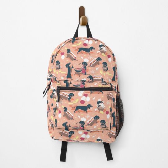Discover Hot dogs and lemonade // flesh background navy and brown dachshunds Backpack