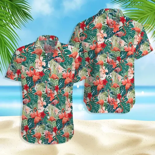 Discover Flamingo Tropical Hawaiian Button Down Shirt