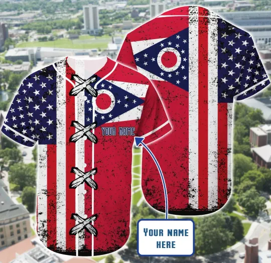 Discover Personalized Custom Name Ohio x America Flag Baseball Tee Jersey Shirt