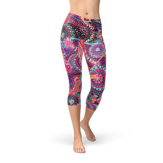Discover Australian Indigenous Carpi Leggings for Women - Mid Rise Capri Yoga Pants Printed Aboriginal Art Inspired Featuring Koala, Kangaroo, Goanna