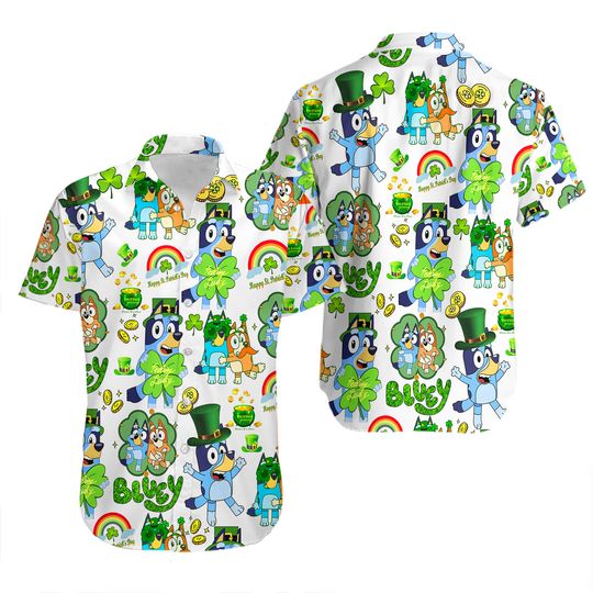 Discover BlueyDad And Friends Shamrocks Happy St. Patrick Day Hawaiian Shirt