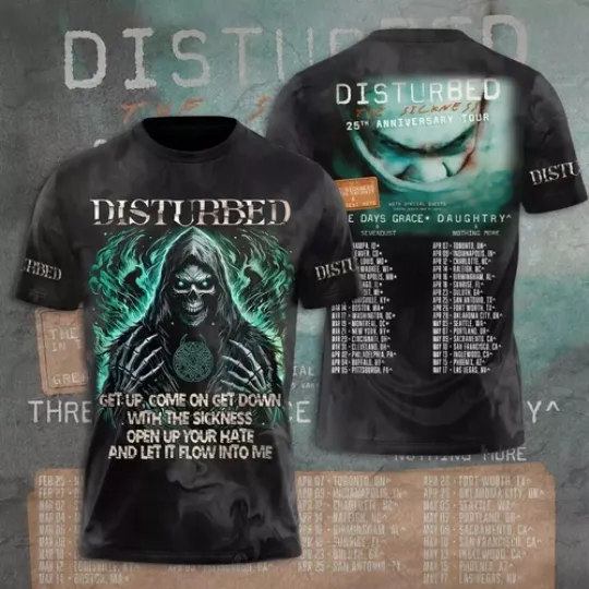 Discover Disturbed 2025 Tour Date 3D Printed T-Shirt, Unisex All Size, Gift For Fans