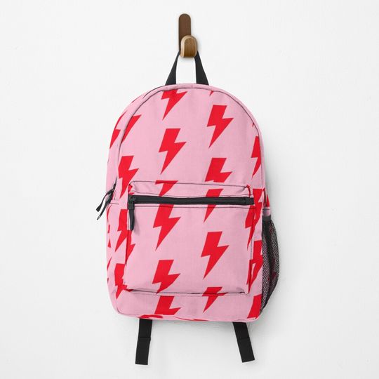 Discover Bold Red Lightning Bolt on Pink Backpack
