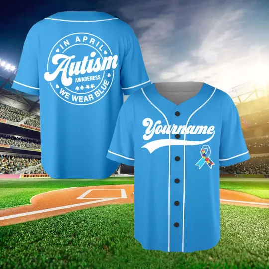 Discover Personalized Autism Awareness Baseball Jersey In April We Wear Blue Puzzle Gifts