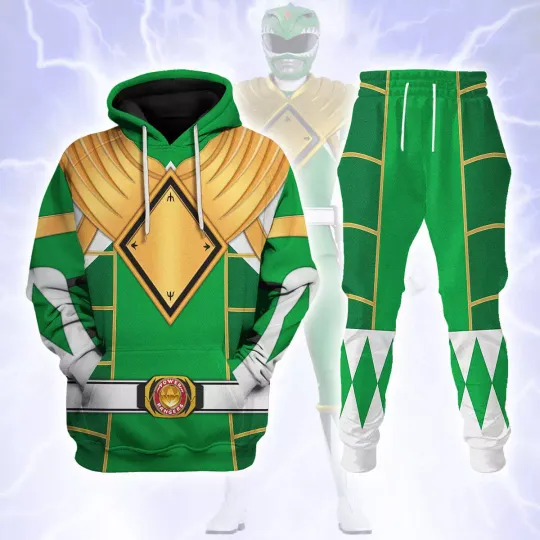 Discover Cute Cartoon Green Ranger Shield Mighty Morphin Cosplay Hoodie Set