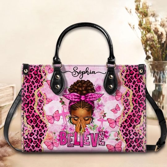 Discover Personalized Believe Afro Messy Bun Leather Handbag, Mothers Day Gift, Handbag Gift For Black Mom