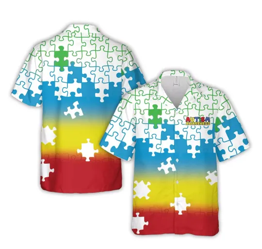 Discover Rainbow Gradient Puzzle Pieces Autism Awareness Month Hawaiian Shirt