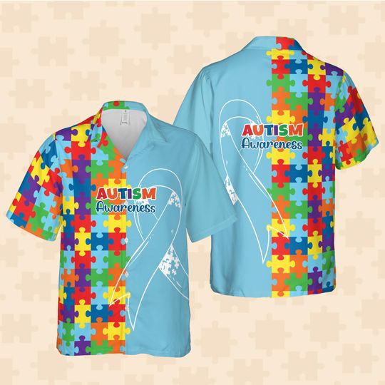 Discover Autism Awareness Hawaiian Shirt, Colorful Autism Puzzle Ribbon Button Up Shirt