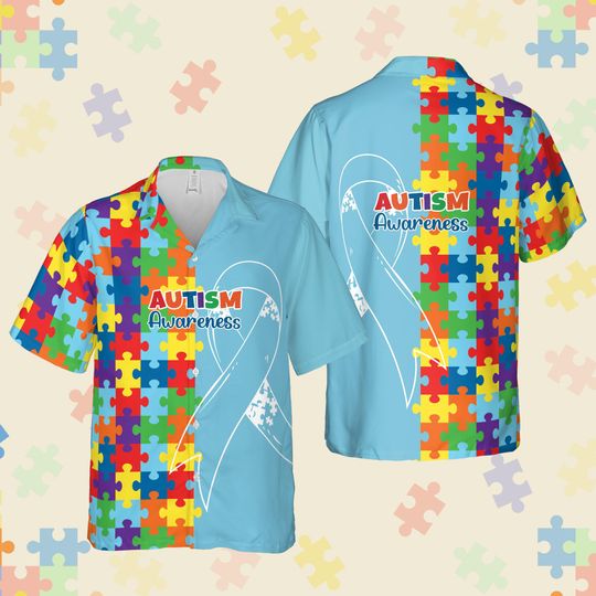 Discover Autism Puzzle Ribbon Hawaiian Shirt, Autism Awareness Button Up Shirt