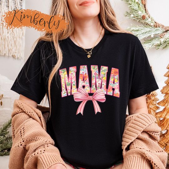 Discover Coquette Bow Mama Shirt, Retro Floral Mama Sweatshirt, Pink Bow Mom Shirt
