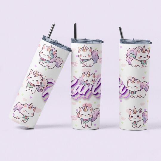 Discover Enchanted Whiskers Unicorn Cat Tumbler - Customizable Magical 20 Oz Skinny Stainless Steel Tumbler