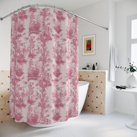 Discover Pink Toile Shower Curtain Rose Floral Shower Curtain, Bathroom Decor