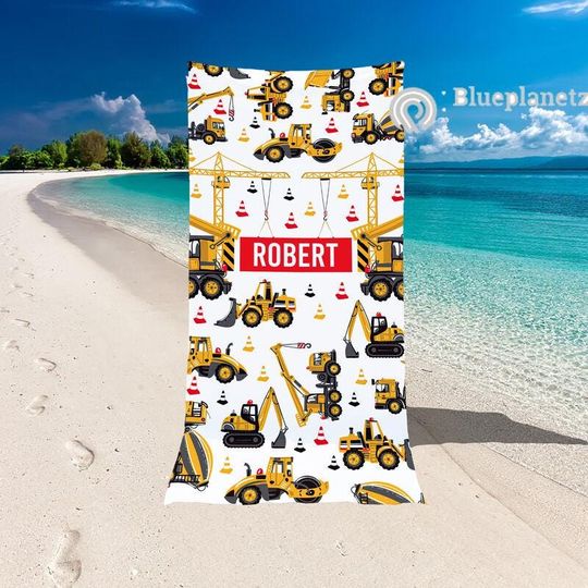Discover Custom Name Beach Towel, Personalized Construction Equipment Beach Towel
