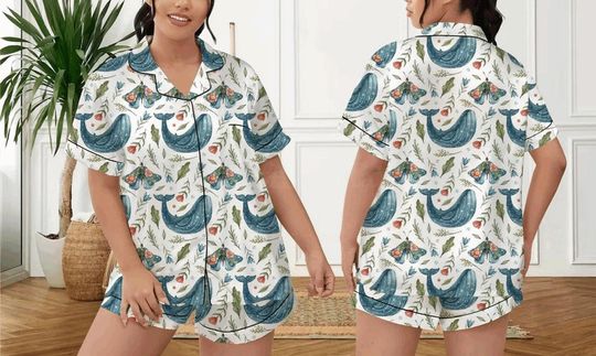 Discover Whale Print Pajama Set  Marine Life Sleepwear