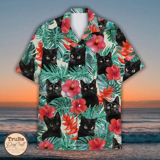 Discover Tropical Black Cat Hawaiian Shirt Men Women Youth, Cute Black Cat Button Up