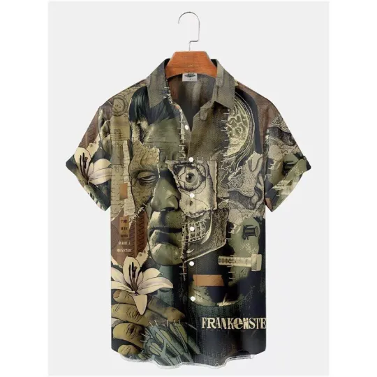 Discover Classic Horror Monster Movie Frankenstein Print Lapel Buttoned Hawaiian Shirt