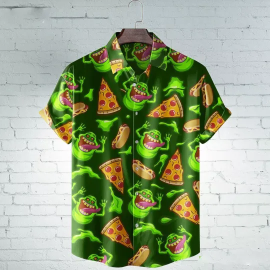 Discover Slimer Pizza Ghostbusters Horror Movie Halloween 3D Hawaiian Shirt