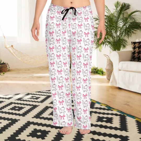 Discover Valentine Cats Women's Pajama Pants, Pink Bow  Print Lounge Pants