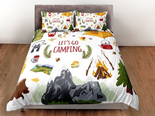 Discover Camping Theme Duvet Cover Set, Let's Go Camping Bedding Set
