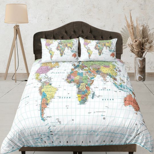 Discover World Map Duvet Cover, Custom Size, Educational Bedding Set