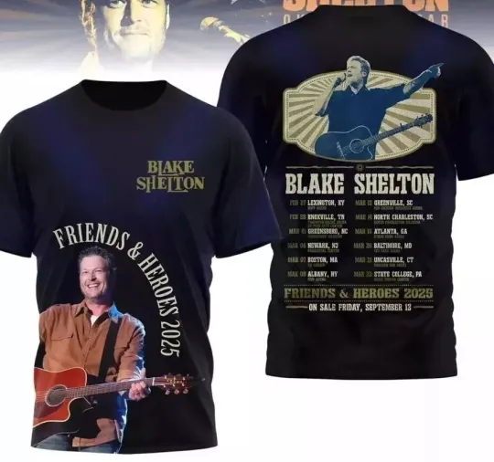 Discover Blake Shelton Friends And Heroes 2025 Tour Schedule T-Shirt 3D