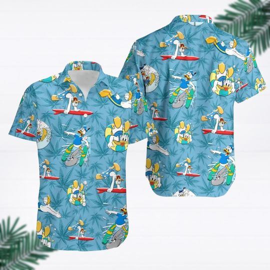 Discover Donald Duckk Surfing Button Shirt, Donald Summer Button Shirt, Summer Vacation Disneyyy Cartoon Tropical Hawaiian Shirt