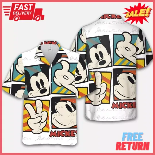 Discover Disneyyy Mickeyy mouse Hawaiian Shirt Steamboat Willie Funny Face Vintage Pattern