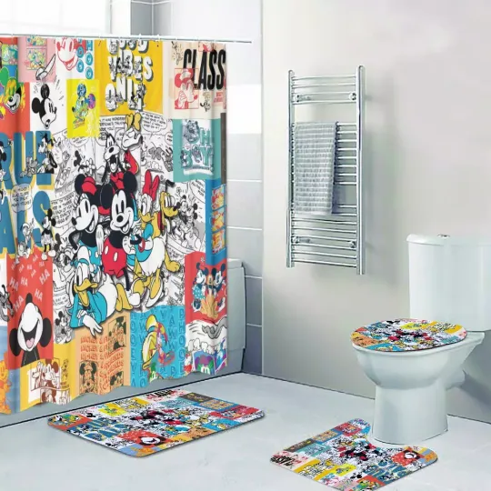 Discover Mickeyy mouse And Friends Print Shower Curtain Bath Mat Toilet Lid Cover Mat