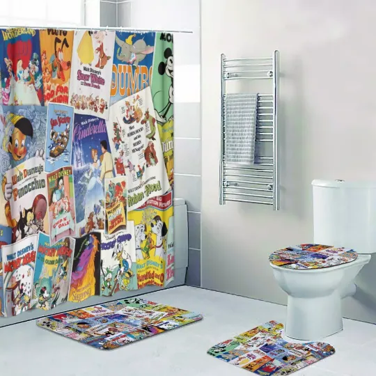 Discover Disneyyy Classic Poster Collage Print Shower Curtain Bath Mat Toilet Lid Cover Mat