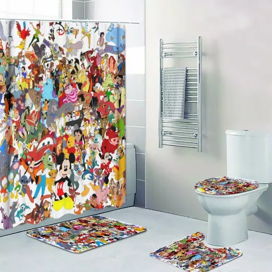 Discover Disneyyy All Characters Print Shower Curtain Bath Mat Toilet Lid Cover Mat