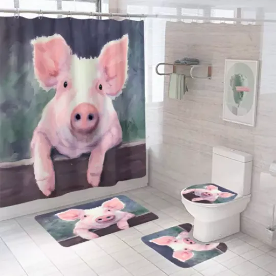 Discover Pig Shower Curtain Bathroom Rug Set Thick Bath Mat Non-Slip Toilet Lid Cover