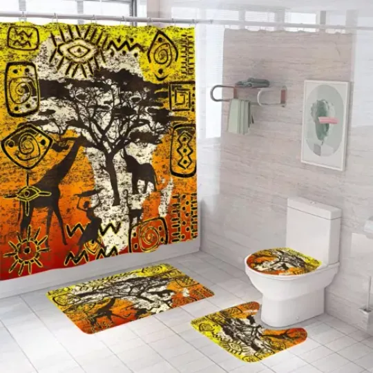 Discover African Shower Curtain Bathroom Rug Set Thick Bath Mat Non-Slip Toilet Lid Cover