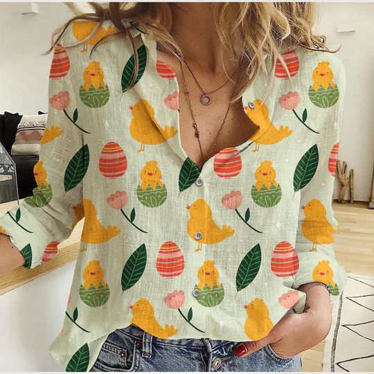 Discover Little Chickens Linen Shirt, Easter Eggs Blouse Women Shirt, Funny Chicken Shirt