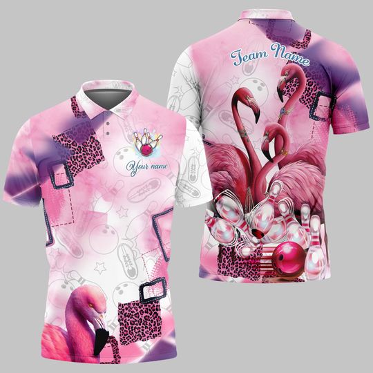 Discover Bowling And Pins Flamingo Style Customized Name, Team Name 3D Polo Shirt