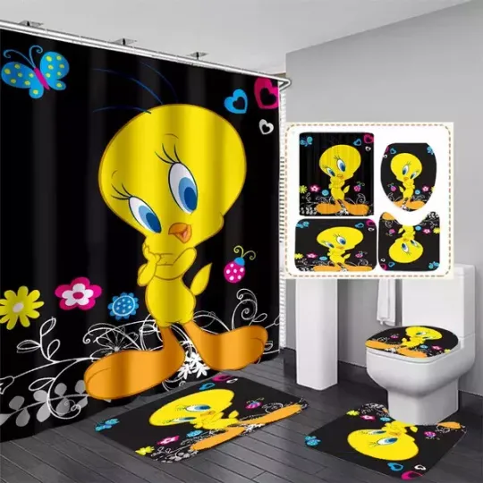 Discover Cute Tweety Bird Shower Curtain Set, Waterproof Cartoon Bathroom Decor