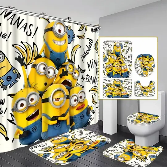 Discover Minion Shower Curtain Set Waterproof, Bath Mat, U-Pad, Lid Pad, Bathroom Decor