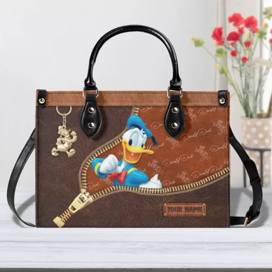 Discover Personalized Donald Duckk Brown Leather Handbag, Vintage Disneyyy Charm, gift Woman