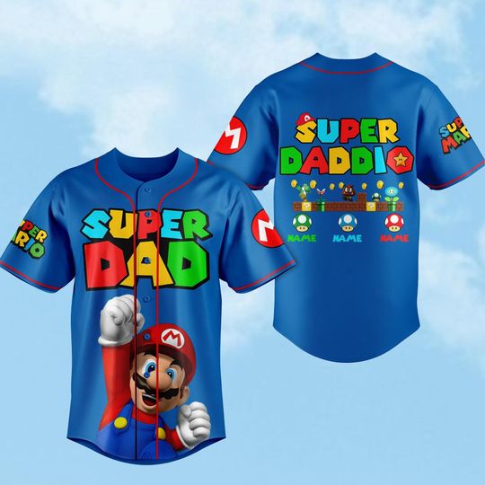 Discover Custom Super Daddio Shirt, Cute Mario Jersey Shirt, Super Dad Baseball Shirt