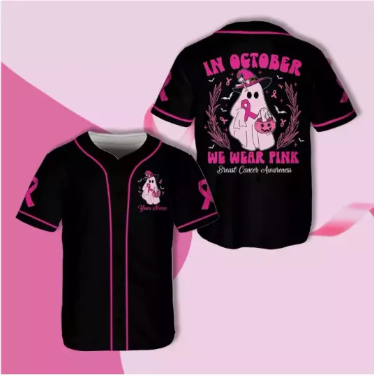Discover Personalized Pink Ghost Halloween In October We Wear  3D Baseball Jersey Shirt